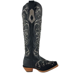 Bota Texana Feminina Goyazes Bico Fino Cano Alto Fashion Couro Bison Preto Bordado Em Couro E Tachinhas Ref: 259804-CC