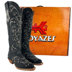 Bota Texana Feminina Goyazes Bico Fino Cano Alto Fashion Couro Bison Preto Bordado Em Couro E Tachinhas Ref: 259804-CC