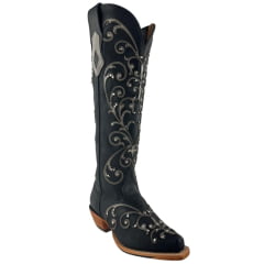 Bota Texana Feminina Goyazes Bico Fino Cano Alto Fashion Couro Bison Preto Bordado Em Couro E Tachinhas Ref: 259804-CC