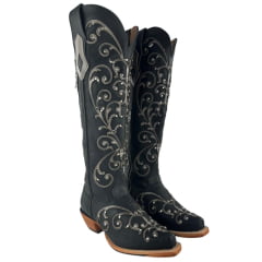 Bota Texana Feminina Goyazes Bico Fino Cano Alto Fashion Couro Bison Preto Bordado Em Couro E Tachinhas Ref: 259804-CC
