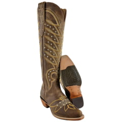 Bota Texana Feminina Goyazes Bico Fino Cano Alto Fashion Couro Dallas Creme Ref 259803-CC