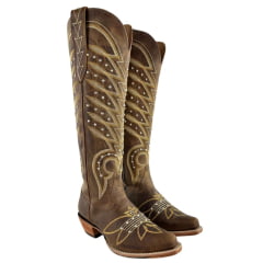 Bota Texana Feminina Goyazes Bico Fino Cano Alto Fashion Couro Dallas Creme Ref 259803-CC