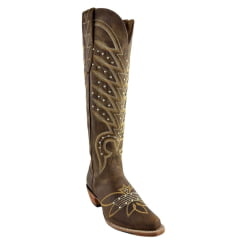 Bota Texana Feminina Goyazes Bico Fino Cano Alto Fashion Couro Dallas Creme Ref 259803-CC