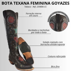 Bota Texana Feminina Goyazes Bico Fino Cano Alto Fashion Couro Mustang Tabaco Bordados Coloridos Ref: 259806-CC