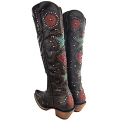 Bota Texana Feminina Goyazes Bico Fino Cano Alto Fashion Couro Mustang Tabaco Bordados Coloridos Ref: 259806-CC