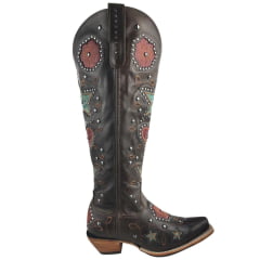 Bota Texana Feminina Goyazes Bico Fino Cano Alto Fashion Couro Mustang Tabaco Bordados Coloridos Ref: 259806-CC