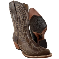 Bota Texana Feminina Goyazes Bico Fino Cano Médio Couro Atlanta Moucha Mouse Café Bordado Ref:264501-CC-02