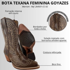 Bota Texana Feminina Goyazes Bico Fino Cano Médio Couro Atlanta Moucha Mouse Café Bordado Ref:264501-CC-02