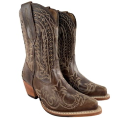 Bota Texana Feminina Goyazes Bico Fino Cano Médio Couro Atlanta Moucha Mouse Café Bordado Ref:264501-CC-02