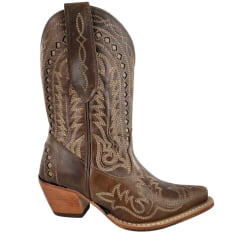 Bota Texana Feminina Goyazes Bico Fino Cano Médio Couro Atlanta Moucha Mouse Café Bordado Ref:264501-CC-02