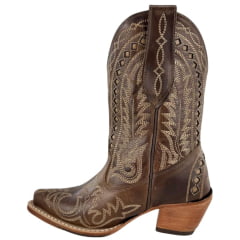 Bota Texana Feminina Goyazes Bico Fino Cano Médio Couro Atlanta Moucha Mouse Café Bordado Ref:264501-CC-02