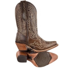 Bota Texana Feminina Goyazes Bico Fino Cano Médio Couro Atlanta Moucha Mouse Café Bordado Ref:264501-CC-02
