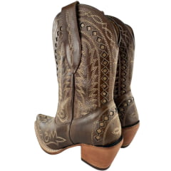Bota Texana Feminina Goyazes Bico Fino Cano Médio Couro Atlanta Moucha Mouse Café Bordado Ref:264501-CC-02