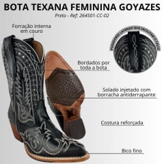 Bota Texana Feminina Goyazes Bico Fino Cano Médio Couro Mustang Preto Bordado Ref:264501-CC-05