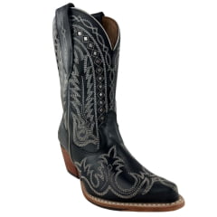 Bota Texana Feminina Goyazes Bico Fino Cano Médio Couro Mustang Preto Bordado Ref:264501-CC-05