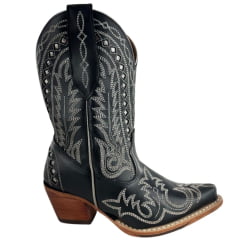 Bota Texana Feminina Goyazes Bico Fino Cano Médio Couro Mustang Preto Bordado Ref:264501-CC-05