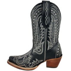 Bota Texana Feminina Goyazes Bico Fino Cano Médio Couro Mustang Preto Bordado Ref:264501-CC-05