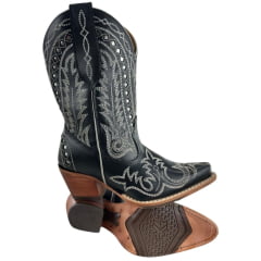 Bota Texana Feminina Goyazes Bico Fino Cano Médio Couro Mustang Preto Bordado Ref:264501-CC-05