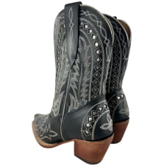 Bota Texana Feminina Goyazes Bico Fino Cano Médio Couro Mustang Preto Bordado Ref:264501-CC-05