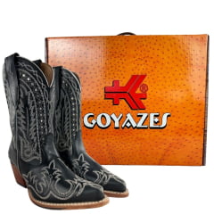 Bota Texana Feminina Goyazes Bico Fino Cano Médio Couro Mustang Preto Bordado Ref:264501-CC-05