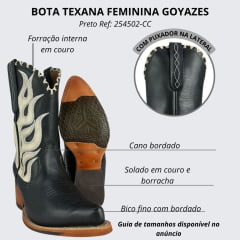 Bota Texana Feminina Goyazes Bico Fino Cano Médio Couro Mustang Preto Com Bordado Na Lateral Em Cru Ref:254502-CC-03