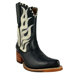 Bota Texana Feminina Goyazes Bico Fino Cano Médio Couro Mustang Preto Com Bordado Na Lateral Em Cru Ref:254502-CC-03