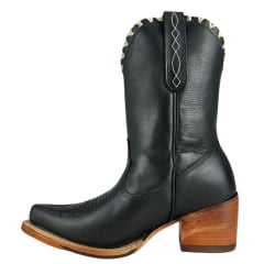 Bota Texana Feminina Goyazes Bico Fino Cano Médio Couro Mustang Preto Com Bordado Na Lateral Em Cru Ref:254502-CC-03