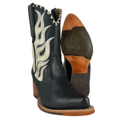 Bota Texana Feminina Goyazes Bico Fino Cano Médio Couro Mustang Preto Com Bordado Na Lateral Em Cru Ref:254502-CC-03