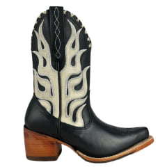 Bota Texana Feminina Goyazes Bico Fino Cano Médio Couro Mustang Preto Com Bordado Na Lateral Em Cru Ref:254502-CC-03