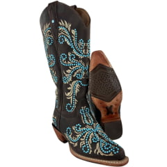 Bota Texana Feminina Goyazes Bico Fino Couro Dallas Café Bordado Solado Injetado Ref: 266806-CC-04