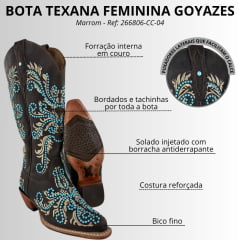 Bota Texana Feminina Goyazes Bico Fino Couro Dallas Café Bordado Solado Injetado Ref: 266806-CC-04