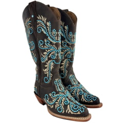Bota Texana Feminina Goyazes Bico Fino Couro Dallas Café Bordado Solado Injetado Ref: 266806-CC-04