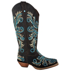 Bota Texana Feminina Goyazes Bico Fino Couro Dallas Café Bordado Solado Injetado Ref: 266806-CC-04