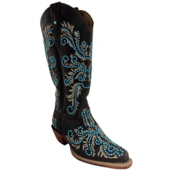 Bota Texana Feminina Goyazes Bico Fino Couro Dallas Café Bordado Solado Injetado Ref: 266806-CC-04