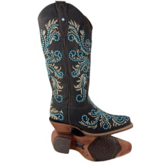 Bota Texana Feminina Goyazes Bico Fino Couro Dallas Café Bordado Solado Injetado Ref: 266806-CC-04