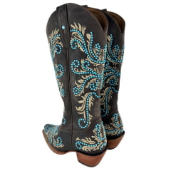 Bota Texana Feminina Goyazes Bico Fino Couro Dallas Café Bordado Solado Injetado Ref: 266806-CC-04