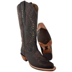 Bota Texana Feminina Goyazes Bico Fino Couro Dallas Café Bordado Tachinhas Ref: 266802-CC-05