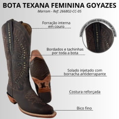 Bota Texana Feminina Goyazes Bico Fino Couro Dallas Café Bordado Tachinhas Ref: 266802-CC-05