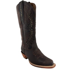 Bota Texana Feminina Goyazes Bico Fino Couro Dallas Café Bordado Tachinhas Ref: 266802-CC-05