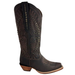 Bota Texana Feminina Goyazes Bico Fino Couro Dallas Café Bordado Tachinhas Ref: 266802-CC-05