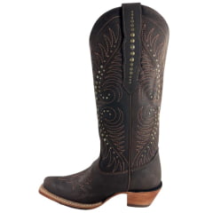 Bota Texana Feminina Goyazes Bico Fino Couro Dallas Café Bordado Tachinhas Ref: 266802-CC-05