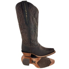 Bota Texana Feminina Goyazes Bico Fino Couro Dallas Café Bordado Tachinhas Ref: 266802-CC-05