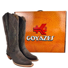 Bota Texana Feminina Goyazes Bico Fino Couro Dallas Café Bordado Tachinhas Ref: 266802-CC-05