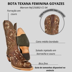 Bota Texana Feminina Goyazes Bico Fino Couro Dallas Furta Cor Bordado Flores Solado Injetado Couro Café Ref:256802-CC