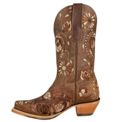 Bota Texana Feminina Goyazes Bico Fino Couro Dallas Furta Cor Bordado Flores Solado Injetado Couro Café Ref:256802-CC