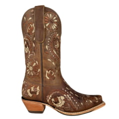 Bota Texana Feminina Goyazes Bico Fino Couro Dallas Furta Cor Bordado Flores Solado Injetado Couro Café Ref:256802-CC