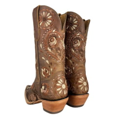 Bota Texana Feminina Goyazes Bico Fino Couro Dallas Furta Cor Bordado Flores Solado Injetado Couro Café Ref:256802-CC