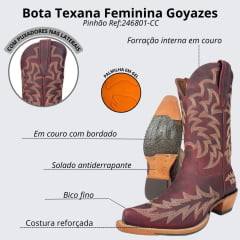 Bota Texana Feminina Goyazes Bico Fino Couro Dallas Pinhão Com Detalhes Bordado Creme Ref: 246801-CC