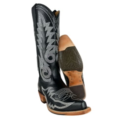 Bota Texana Feminina Goyazes Bico Fino Couro Mustang Preto Bordado Branco Solado Injetado Ref:256803-CC-04