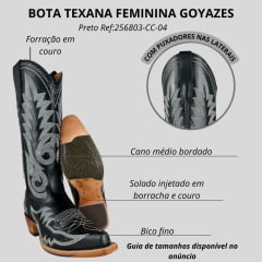 Bota Texana Feminina Goyazes Bico Fino Couro Mustang Preto Bordado Branco Solado Injetado Ref:256803-CC-04
